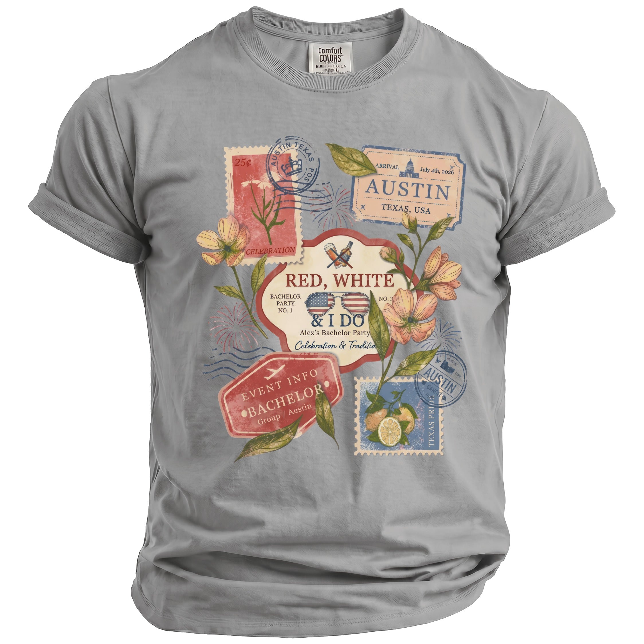 Grey t-shirt with "Red, White & I Do Alex's Bachelor Party" and Austin vacation stamp graphics.