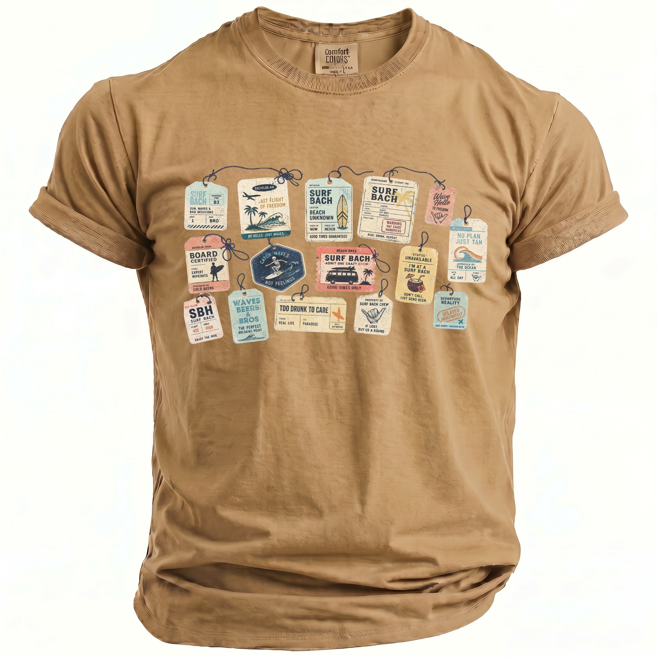 Tan t-shirt with multiple tags featuring surf and party-themed graphics and text.