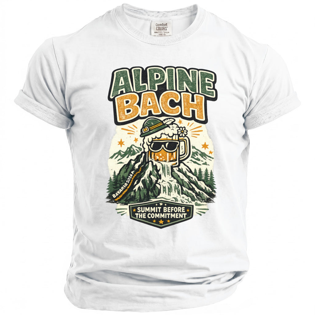 T-shirt with Alpine Bach beer mug on waterfall-topped mountain graphic.