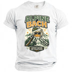 T-shirt with Alpine Bach beer mug on waterfall-topped mountain graphic.