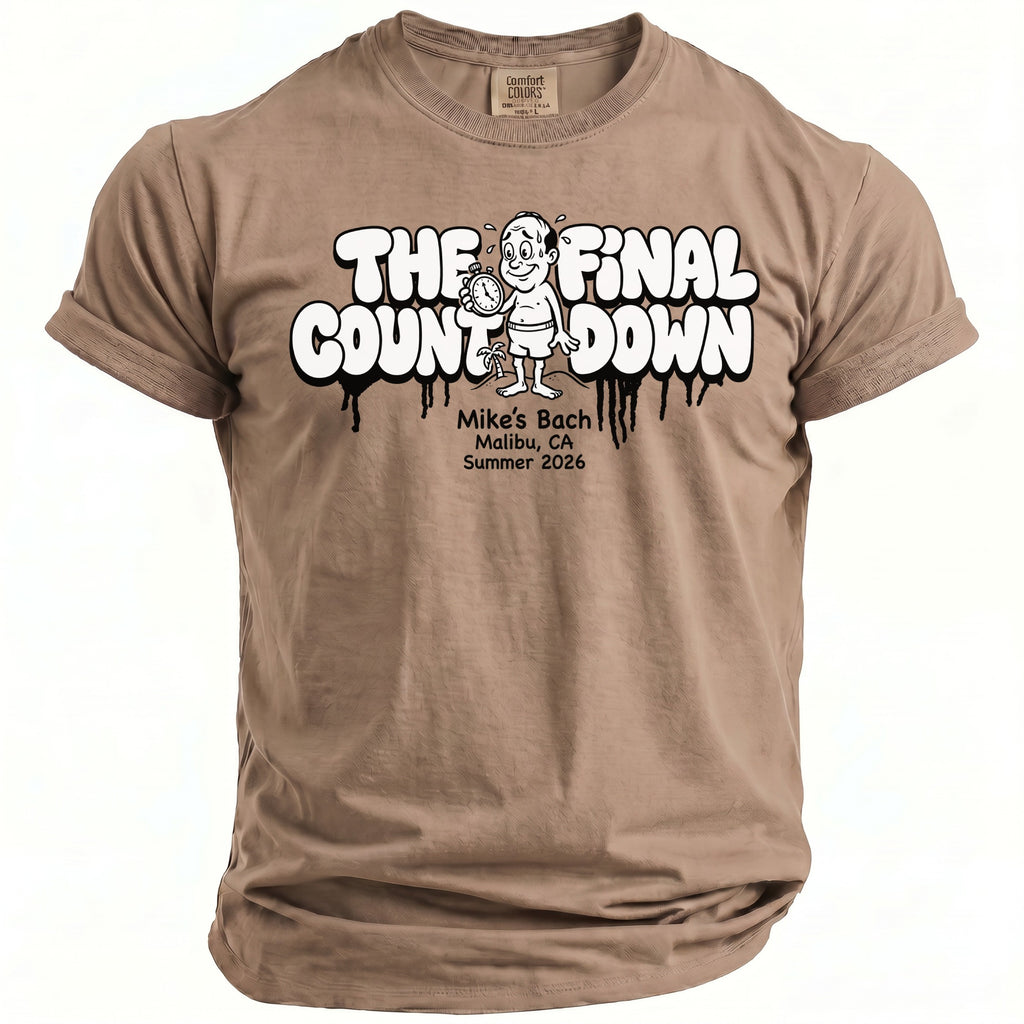 Brown t-shirt with graphic "The Final Countdown" and event details.