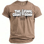 Brown t-shirt with graphic "The Final Countdown" and event details.