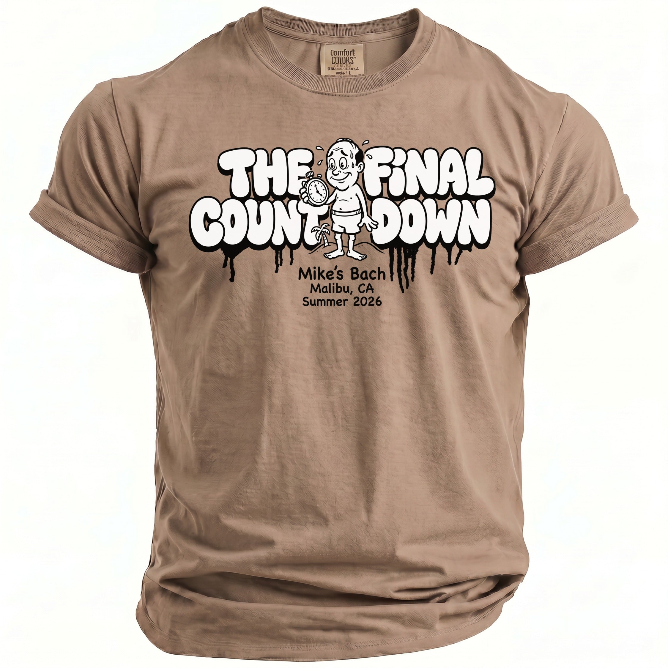 Brown t-shirt with graphic "The Final Countdown" and event details.