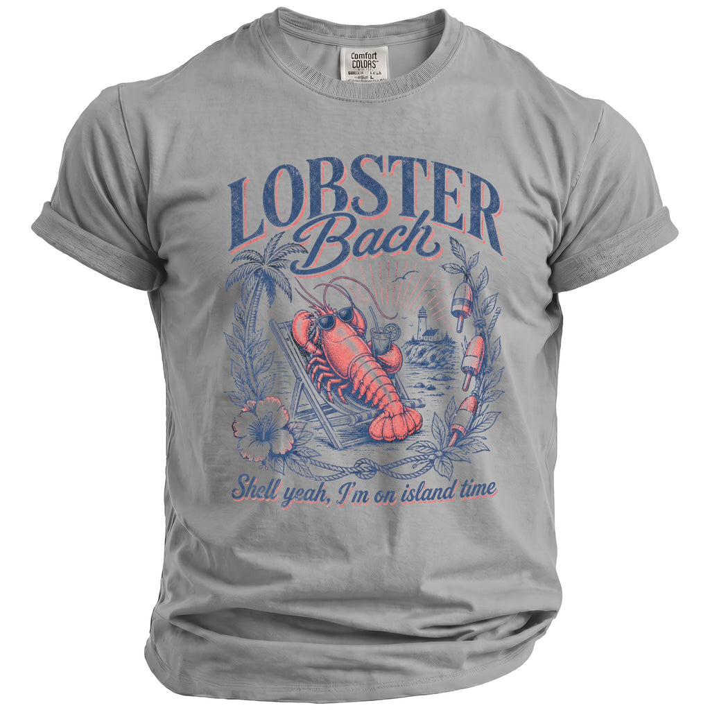 Grey t-shirt with graphic: lobster in sunglasses on beach chair, lighthouse, text "LOBSTER Back".
