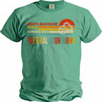 Green t-shirt with "Mike's Bachelor Party Final Countdown Malibu CA Summer 2026" text.