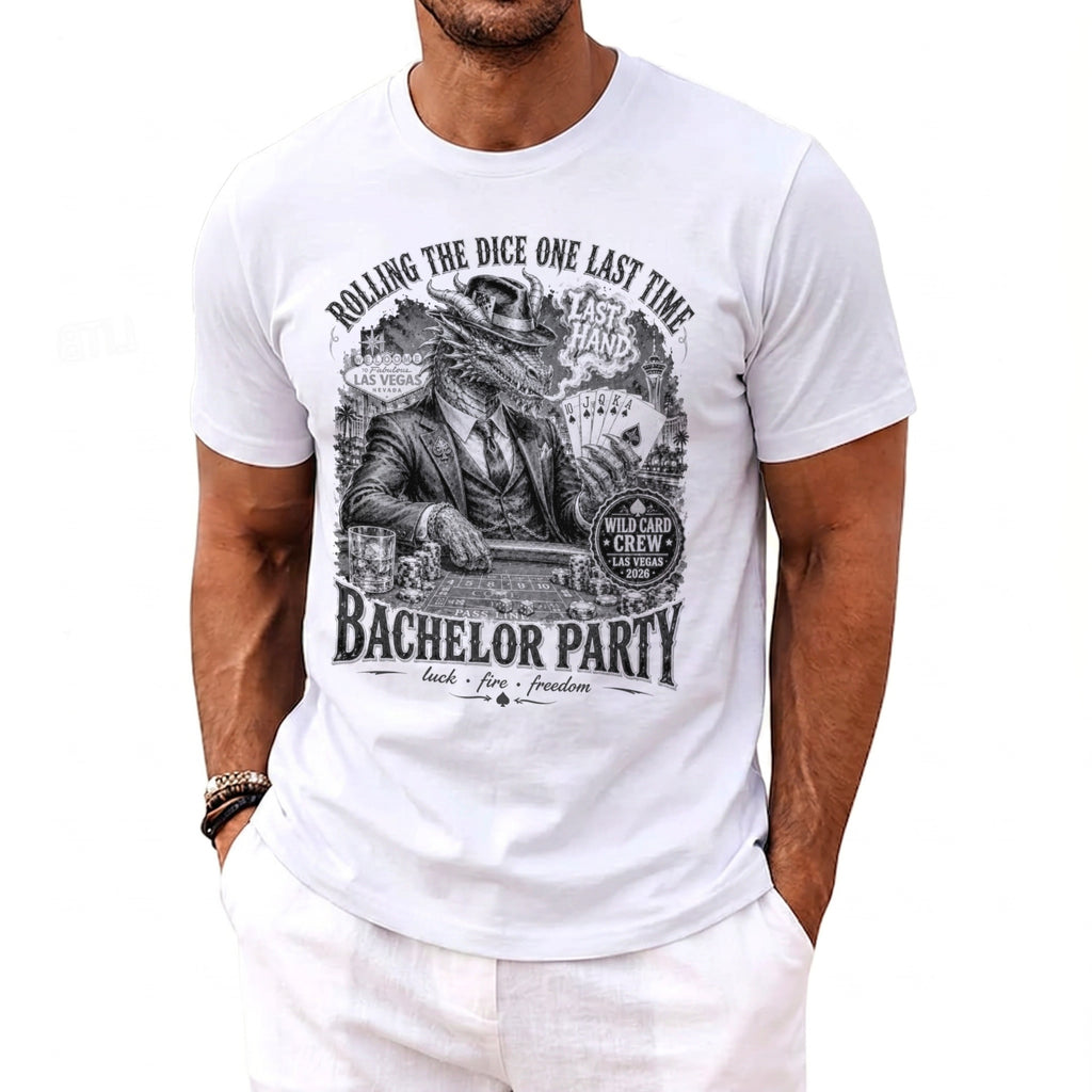 White t-shirt with graphic art of a dragon playing poker in Vegas, with "Bachelor Party" text.