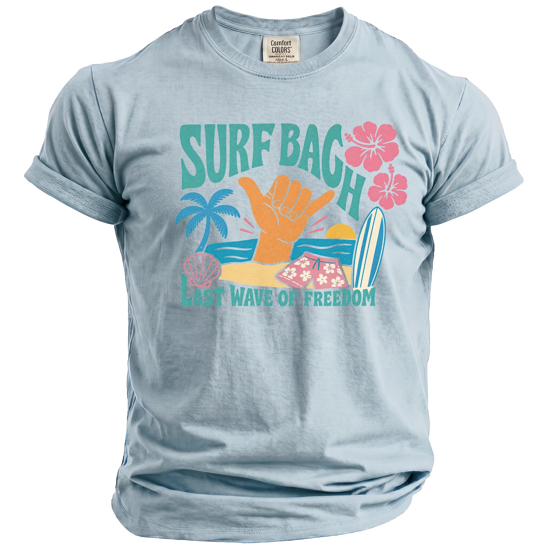 Light blue t-shirt with "SURF BACH" and "LAST WAVE OF FREEDOM" graphics.