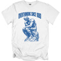 White t-shirt with blue "Overthinking Since 1880" text and The Thinker statue graphic.