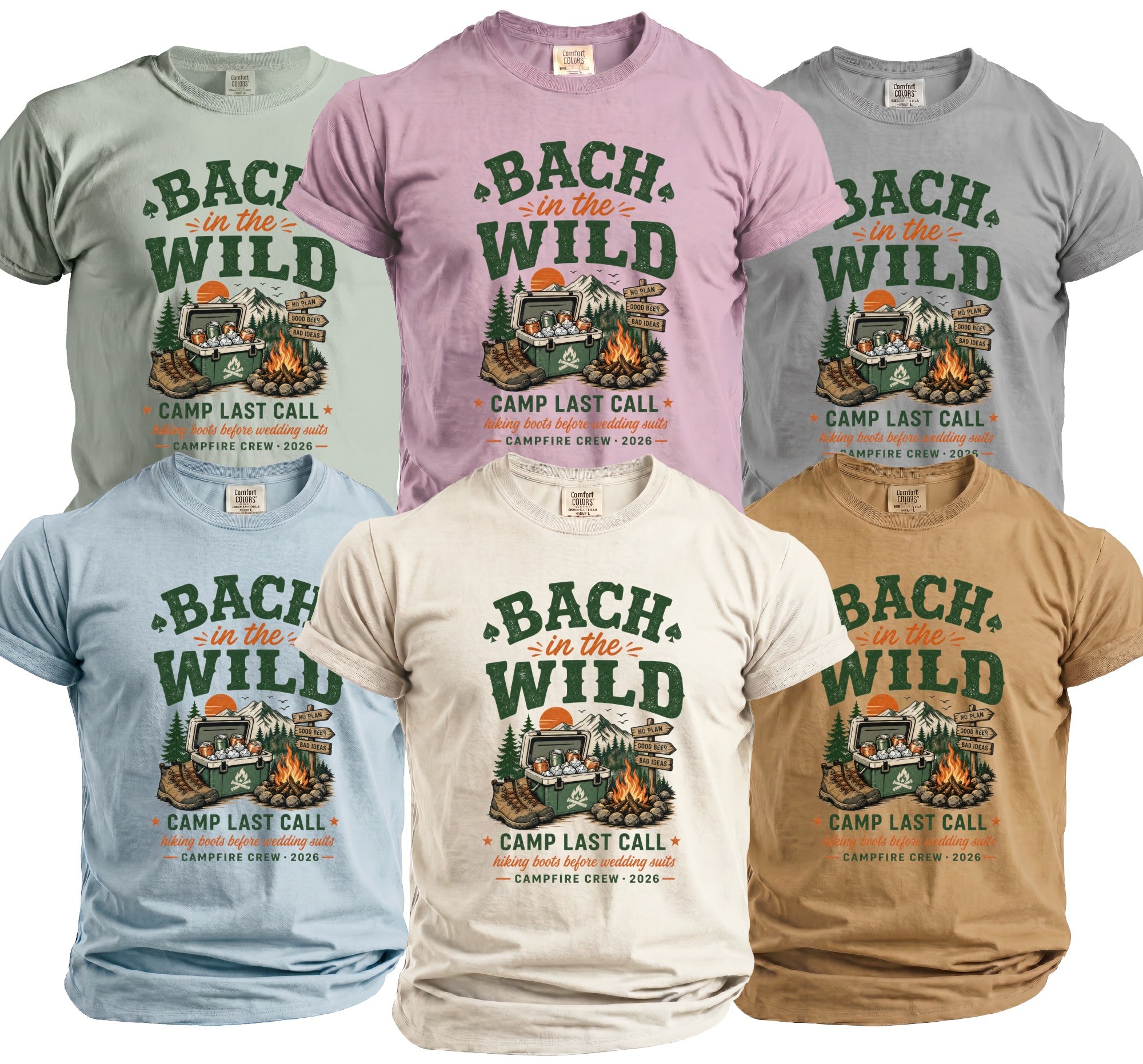 T-shirts display "Bach in the Wild" graphic with camping scene and text.