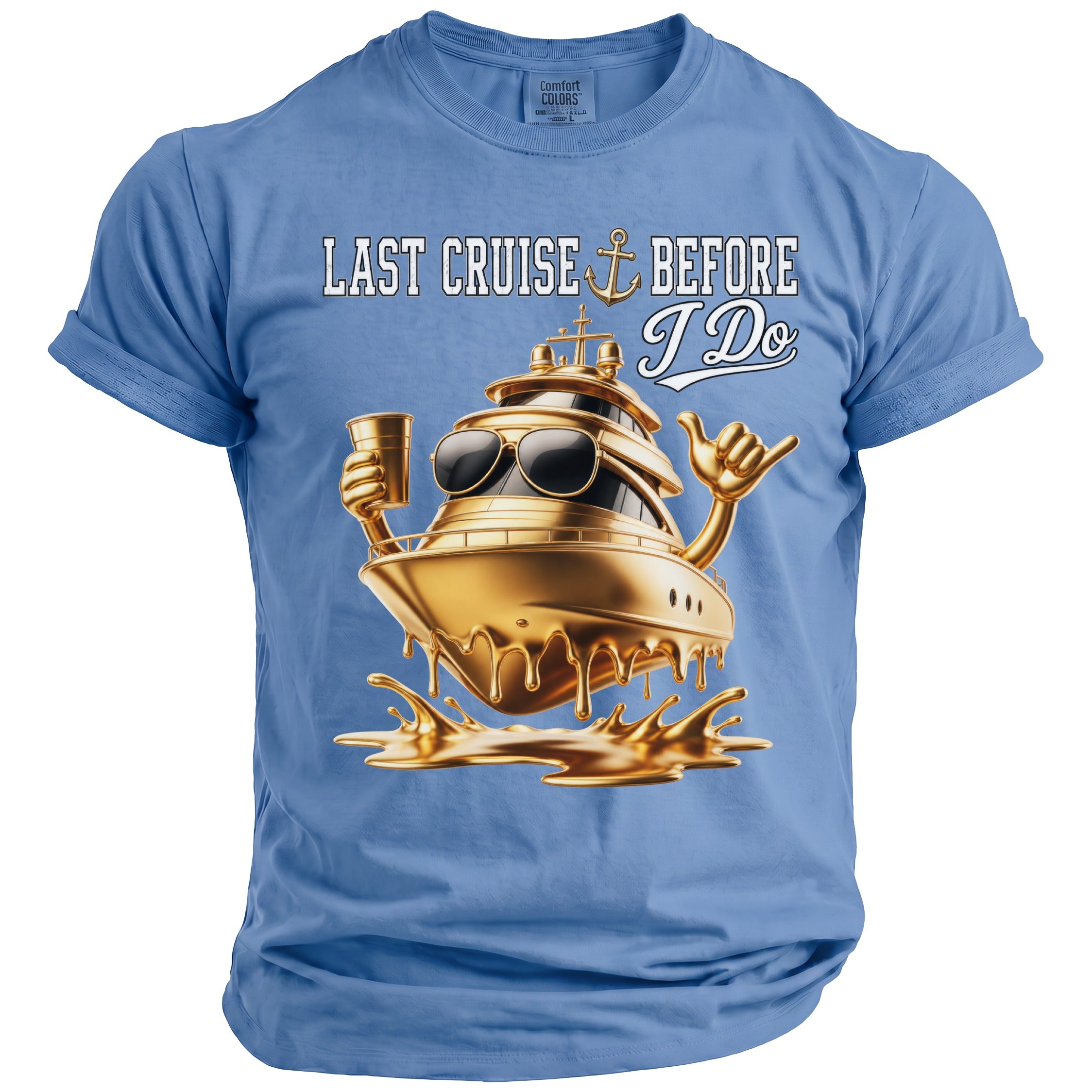 T-shirt with graphic: "Last Cruise Before I Do," gold yacht with sunglasses and drink.