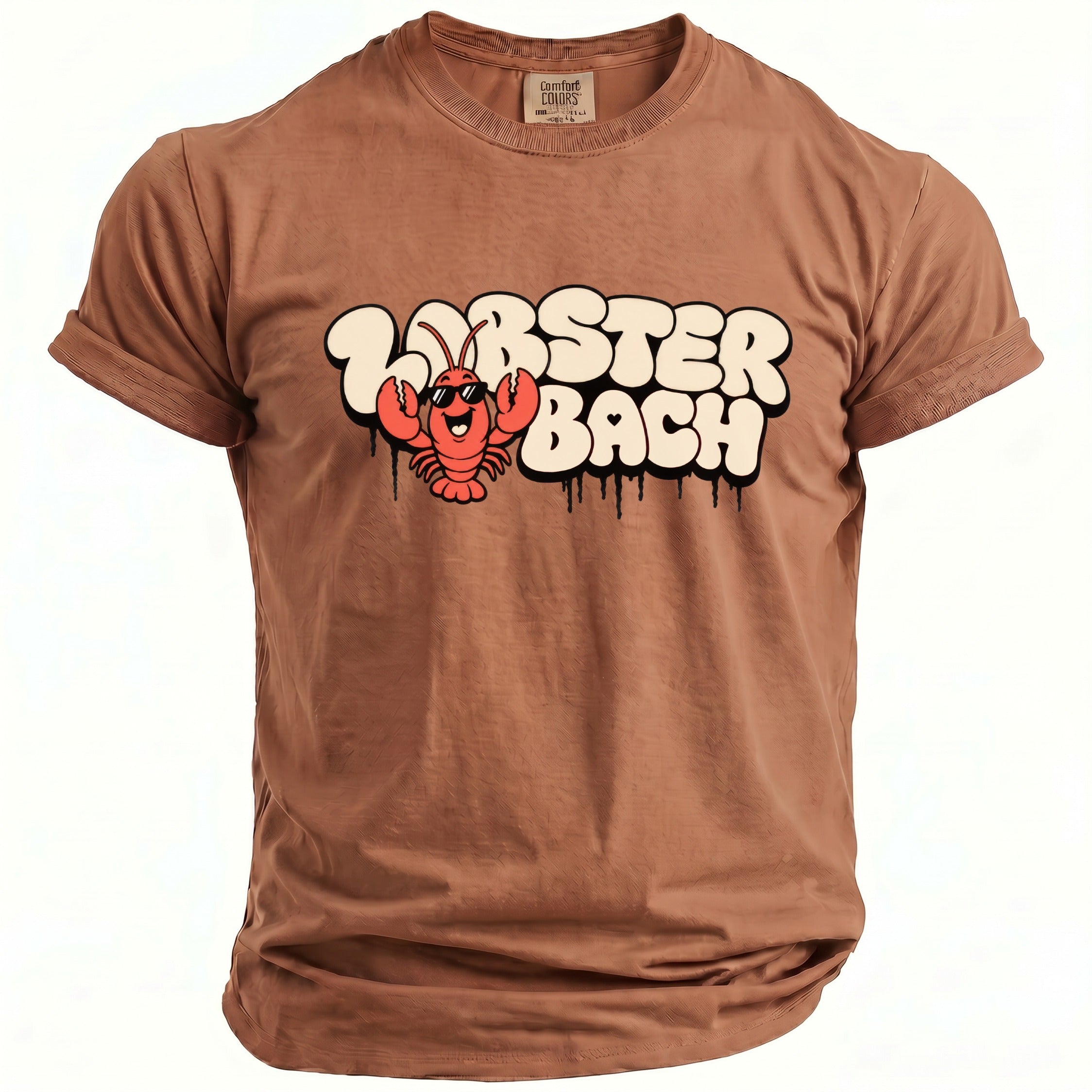 Brown Comfort Colors t-shirt with cartoon lobster and "LOBSTER BACH" text.