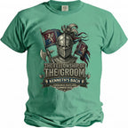 T-shirt with knight, flags, axes, and text "The Fellowship of The Groom Kenneth's Bach".