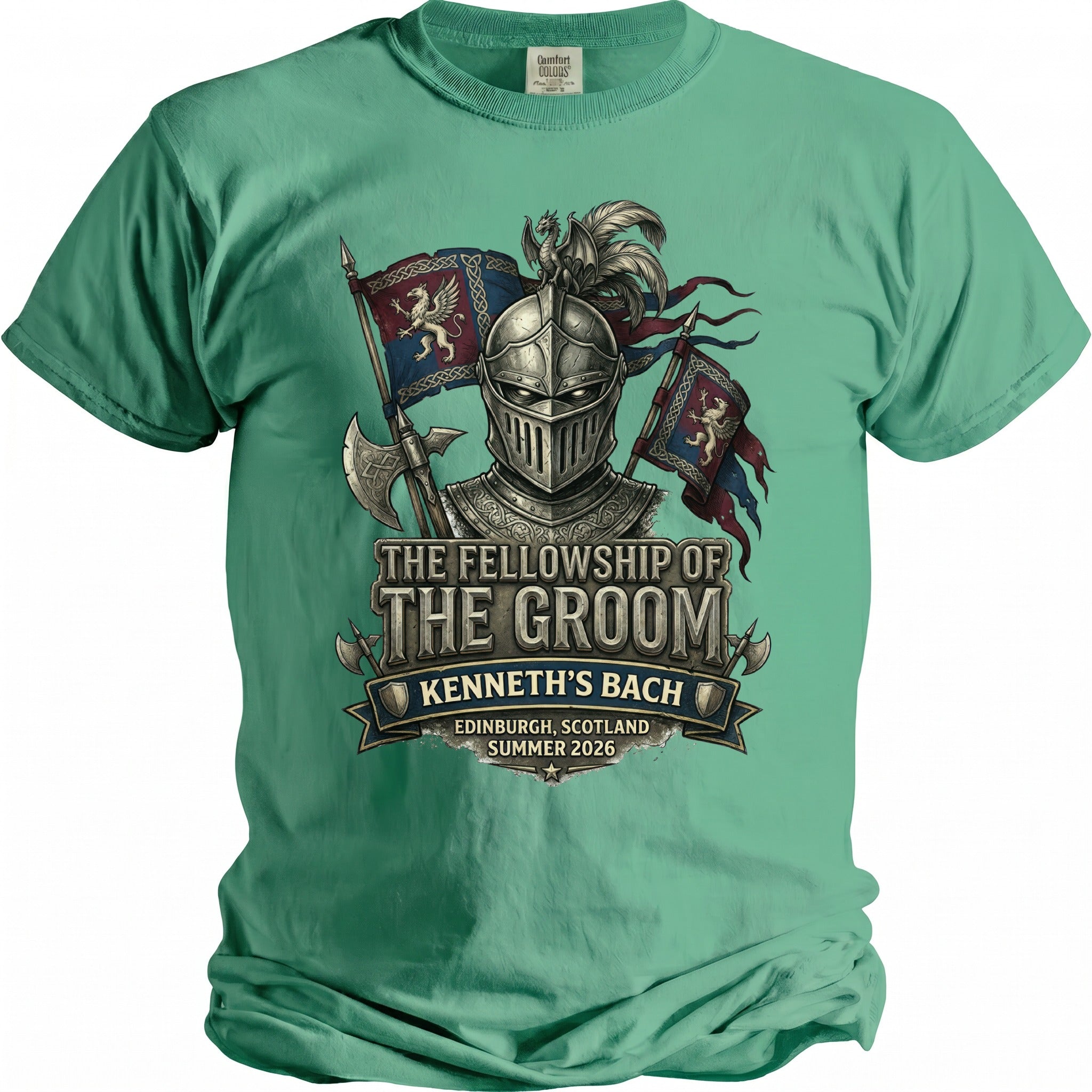 T-shirt with knight, flags, axes, and text "The Fellowship of The Groom Kenneth's Bach".