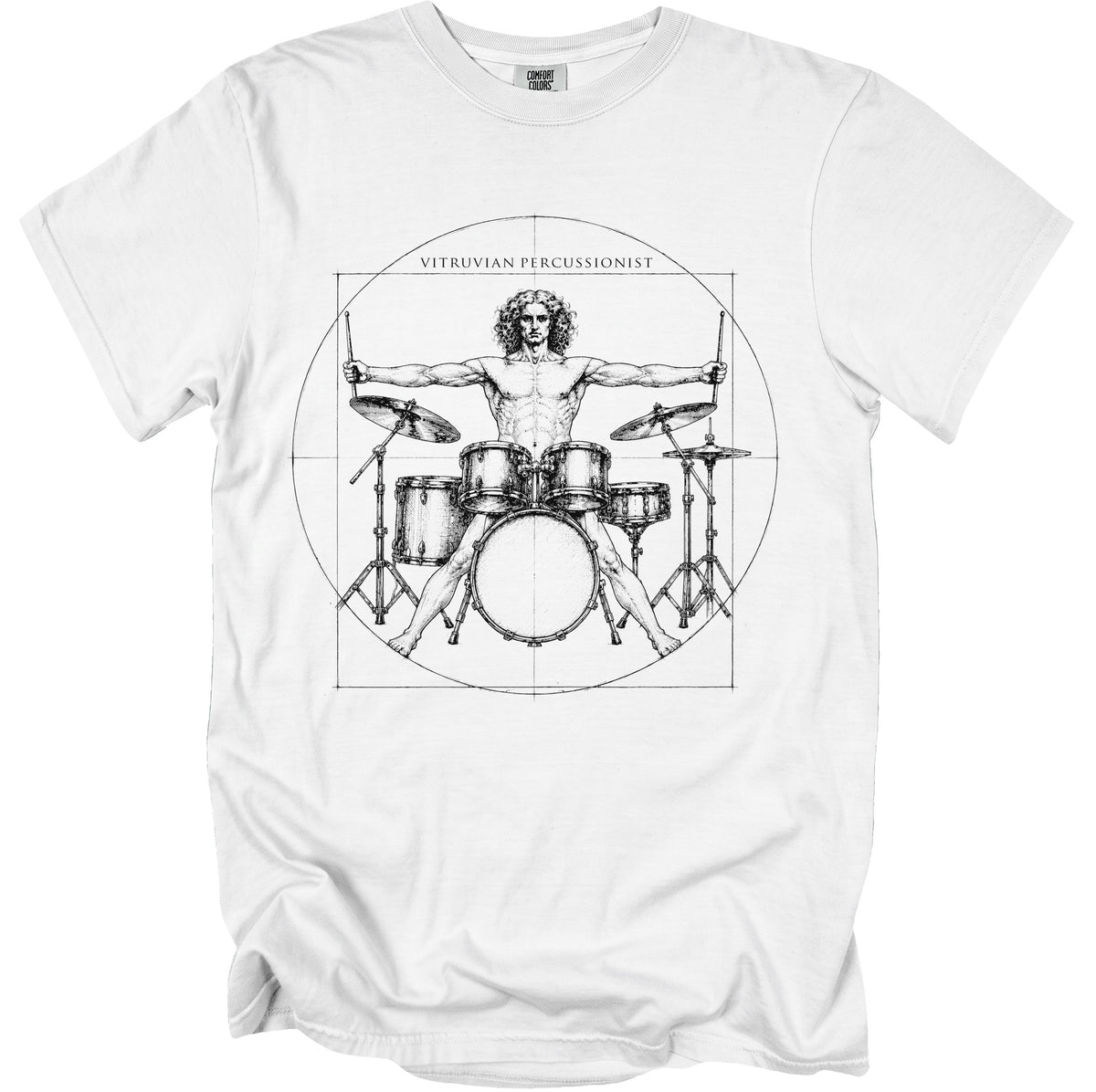 Vitruvian Percussionist illustration on a white t-shirt with Comfort Colors label.