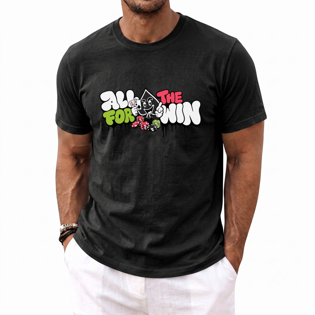 Black t-shirt with "All For The Win" text and a cartoon spade character.