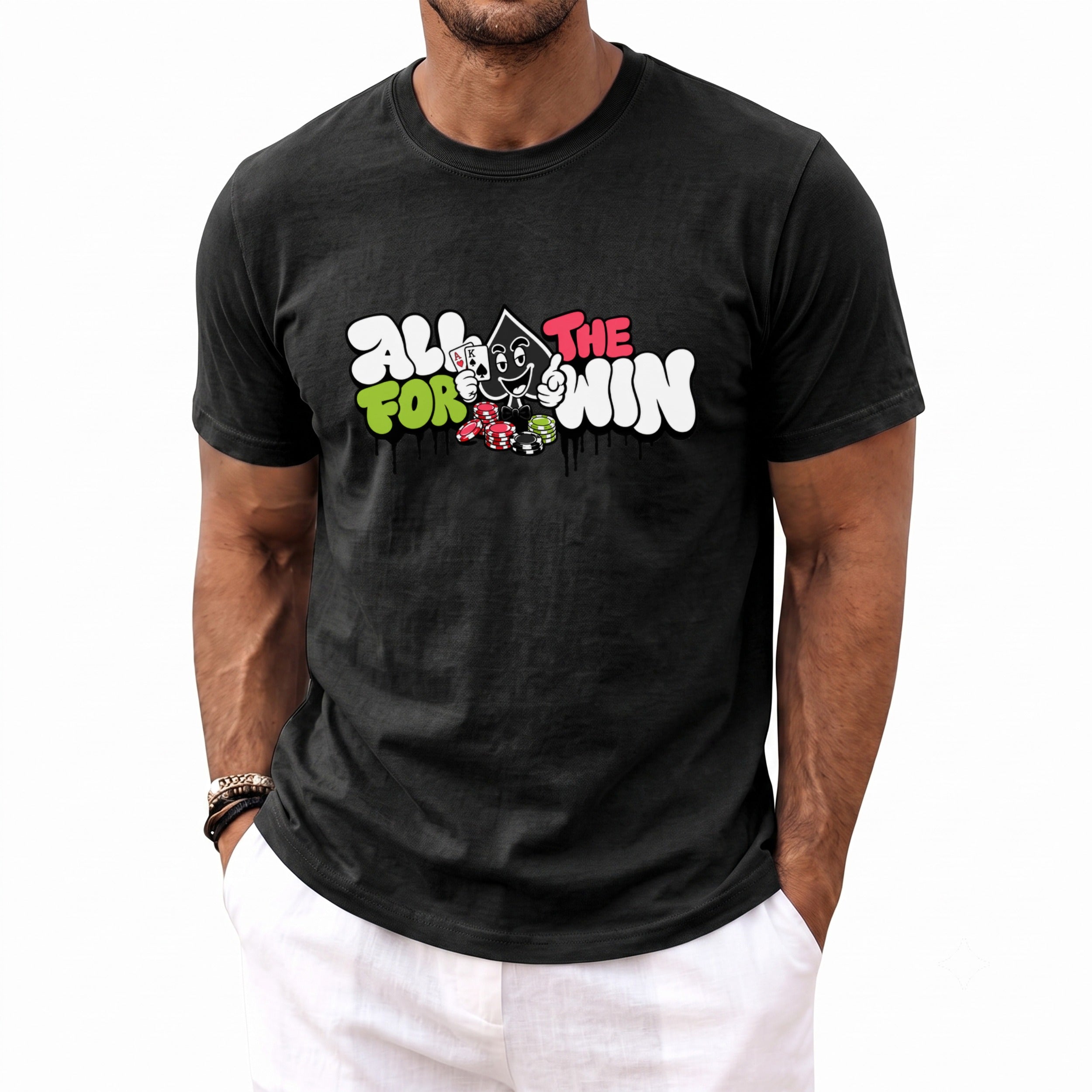 Black t-shirt with "All For The Win" text and a cartoon spade character.