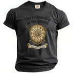 Dark grey t-shirt with "The Fellowship of the Groom" design and text.