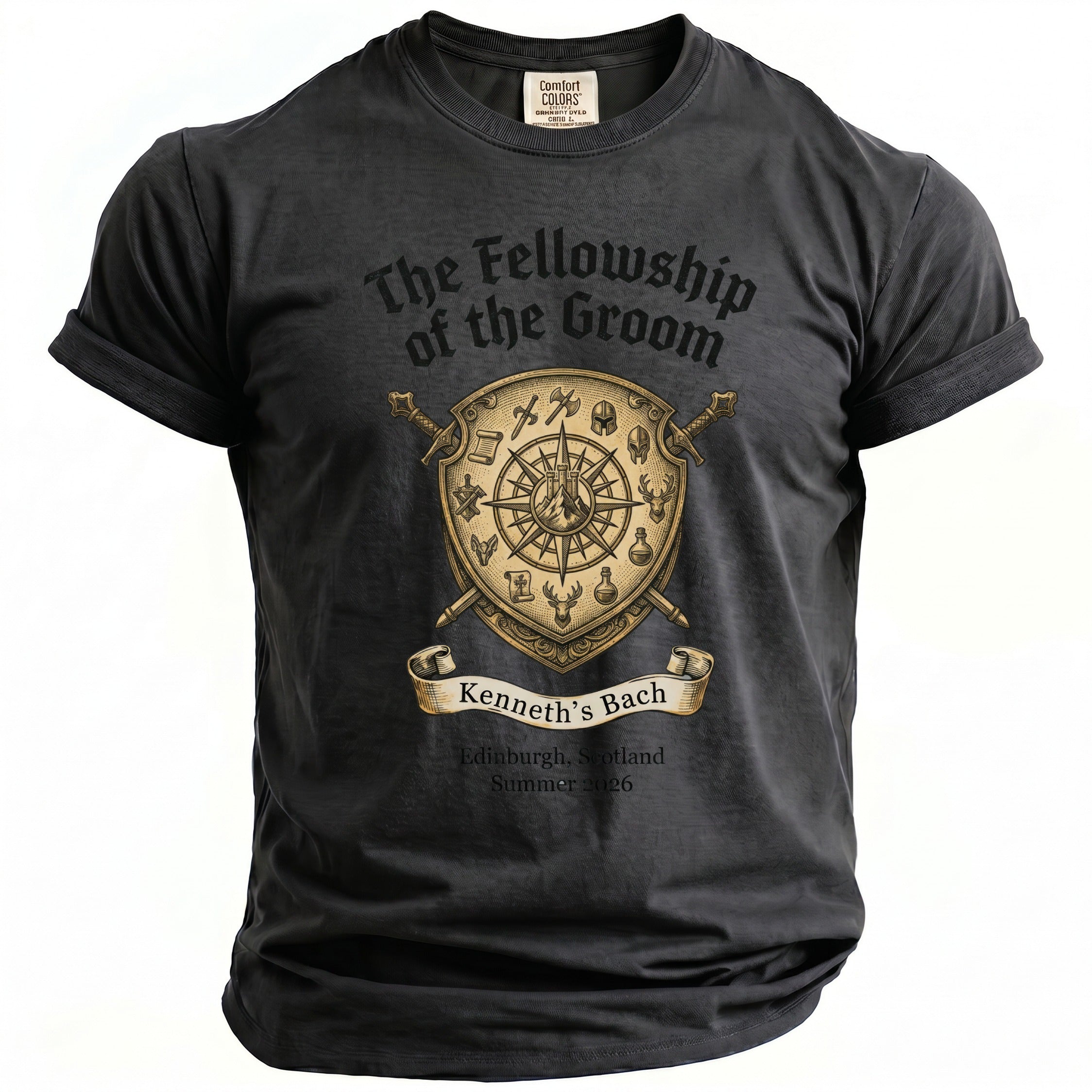 Dark grey t-shirt with "The Fellowship of the Groom" design and text.