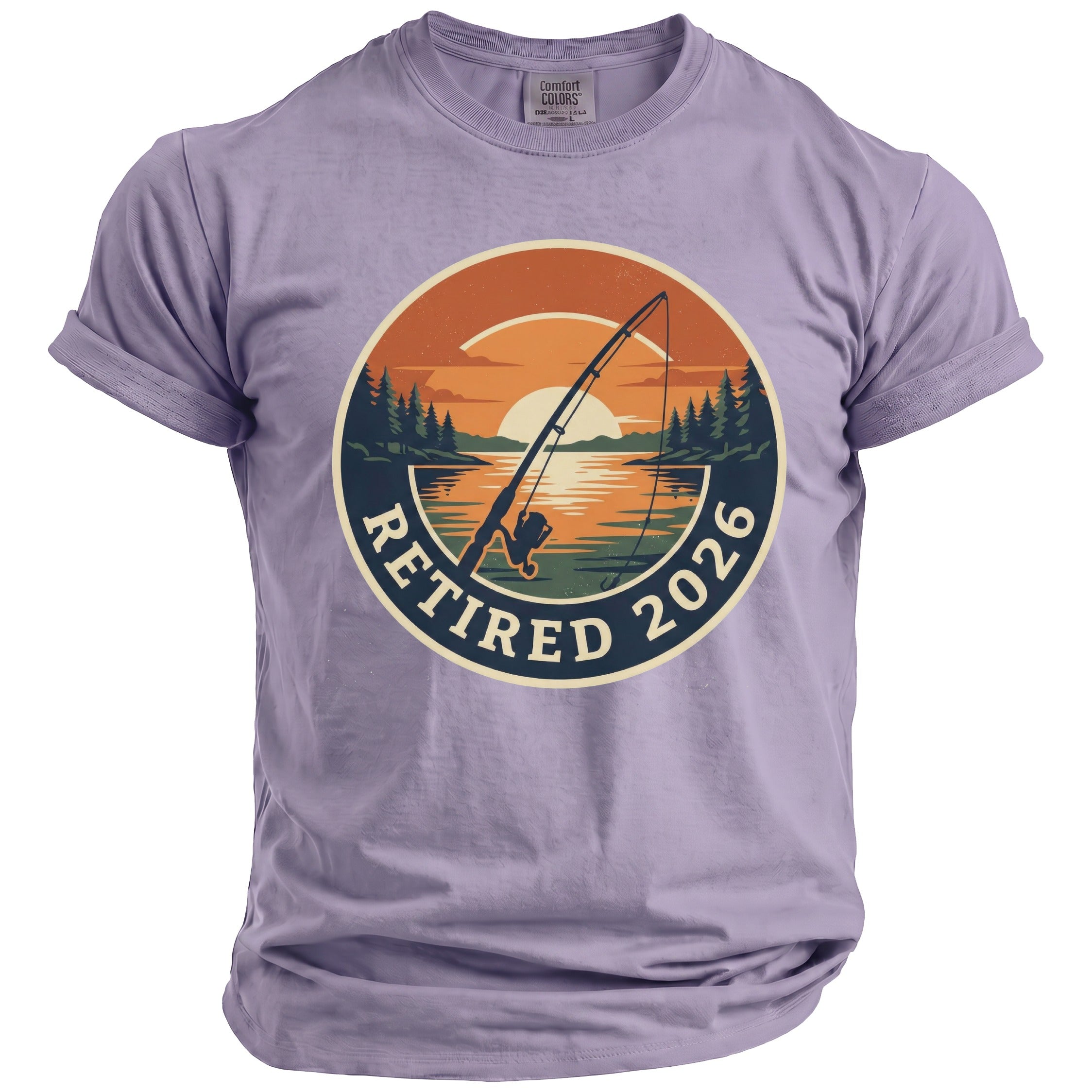 T-shirt with "Retired 2026" text and a fishing sunset graphic.