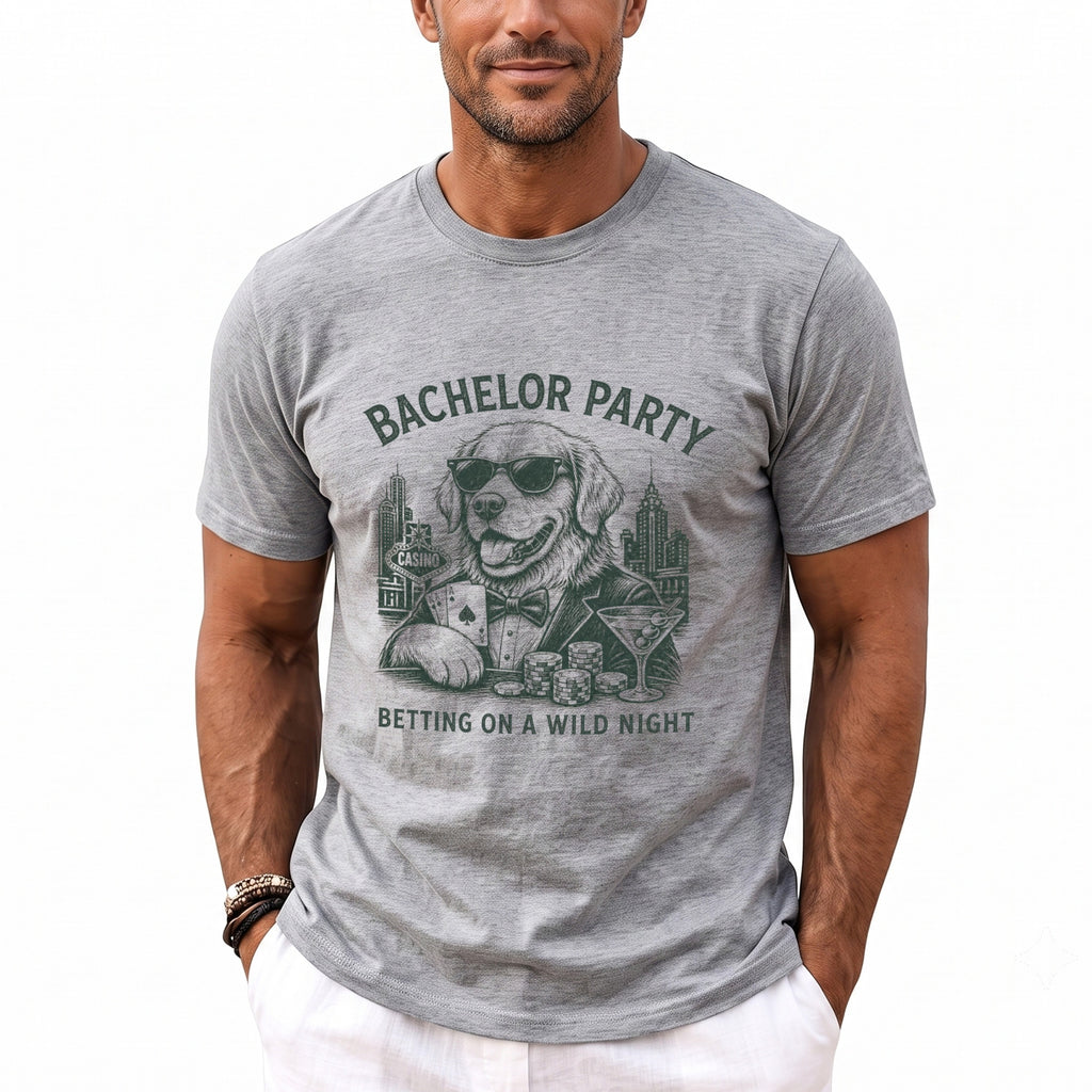 T-shirt graphic: Bachelor party dog wearing sunglasses, suit, holding cards and betting on a wild night.