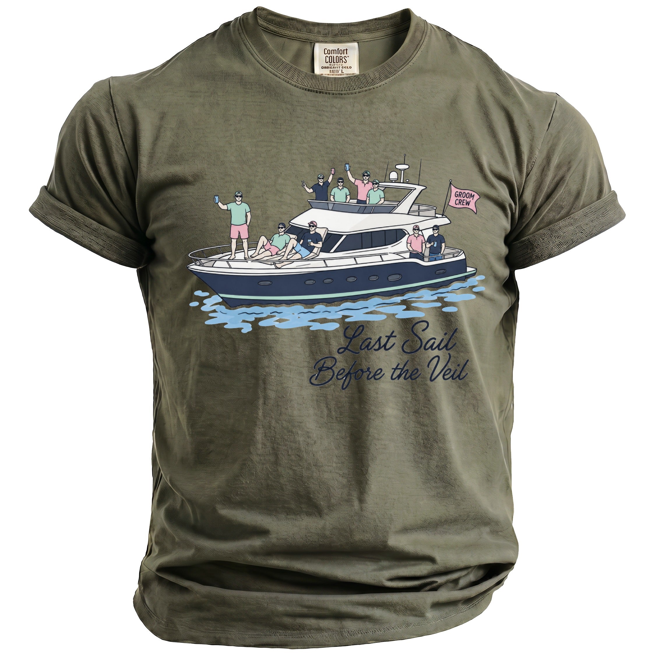 Olive green t-shirt with a graphic of a yacht and text "Last Sail Before the Veil."
