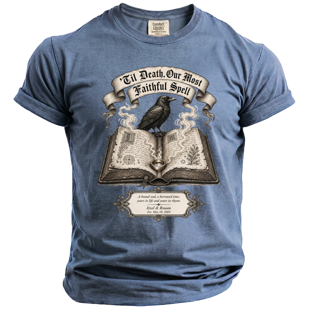 Blue t-shirt with raven perched on an open book, quoting "Til Death, Our Most Faithful Spell."