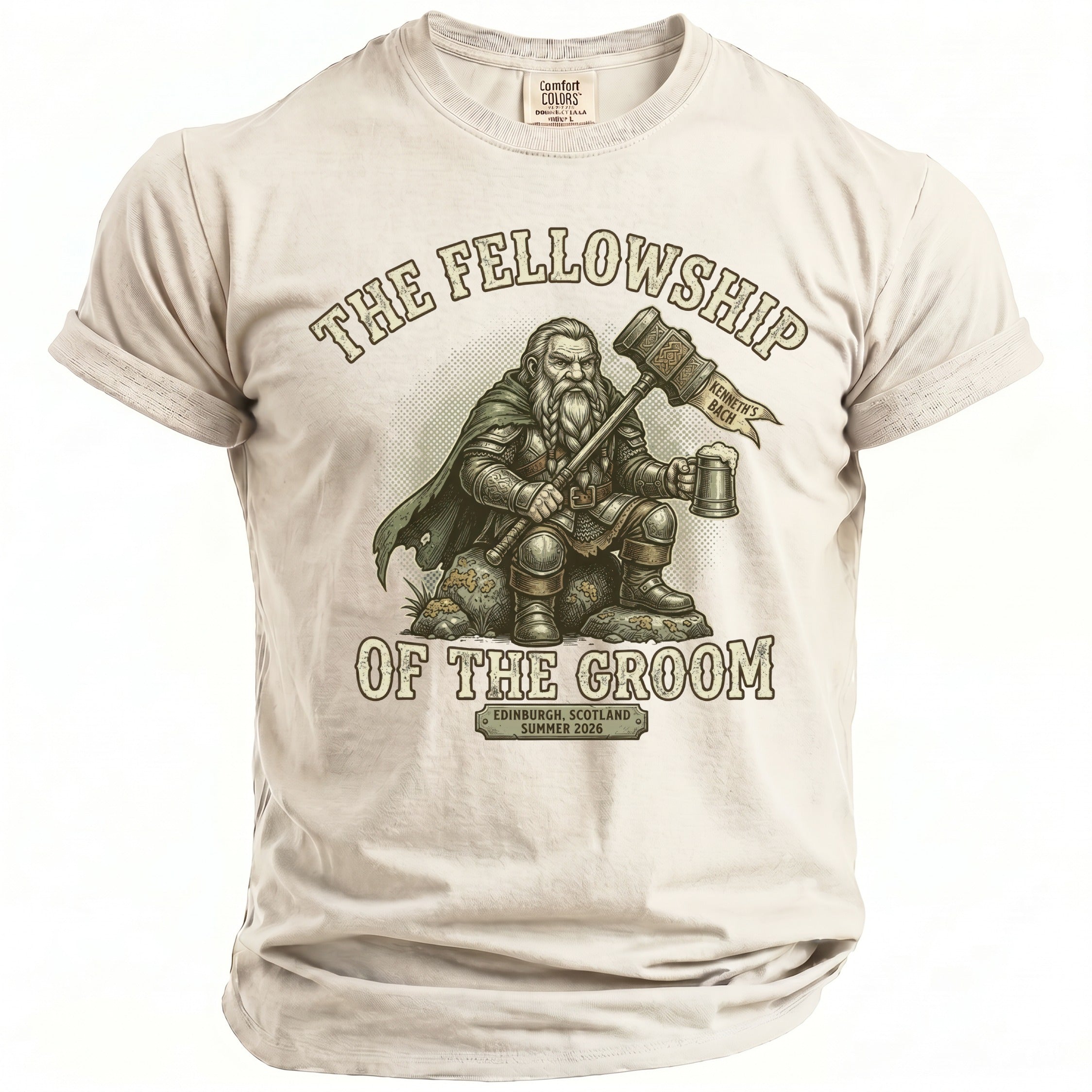 T-shirt with "The Fellowship of the Groom" text and a dwarf with a hammer and beer.