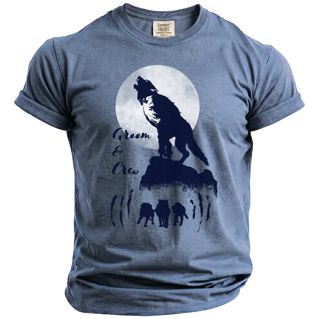 Blue t-shirt with wolf graphic and "Groom & Crew" text.
