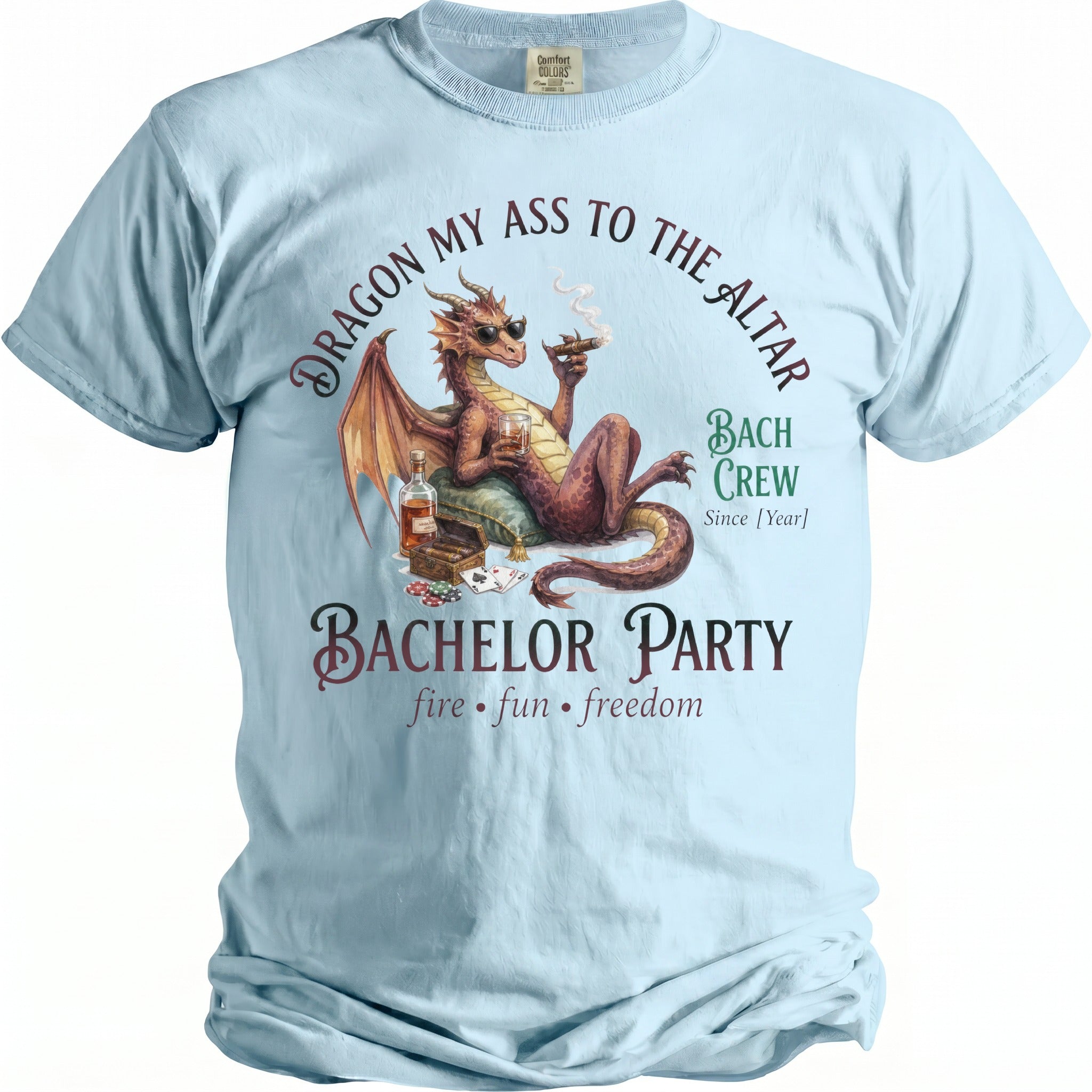 Light blue t-shirt with a dragon smoking a cigar and text for "BACHELOR PARTY BACH CREW".