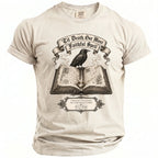 T-shirt with raven on open book and text "'Til Death, Our Most Faithful Spell."
