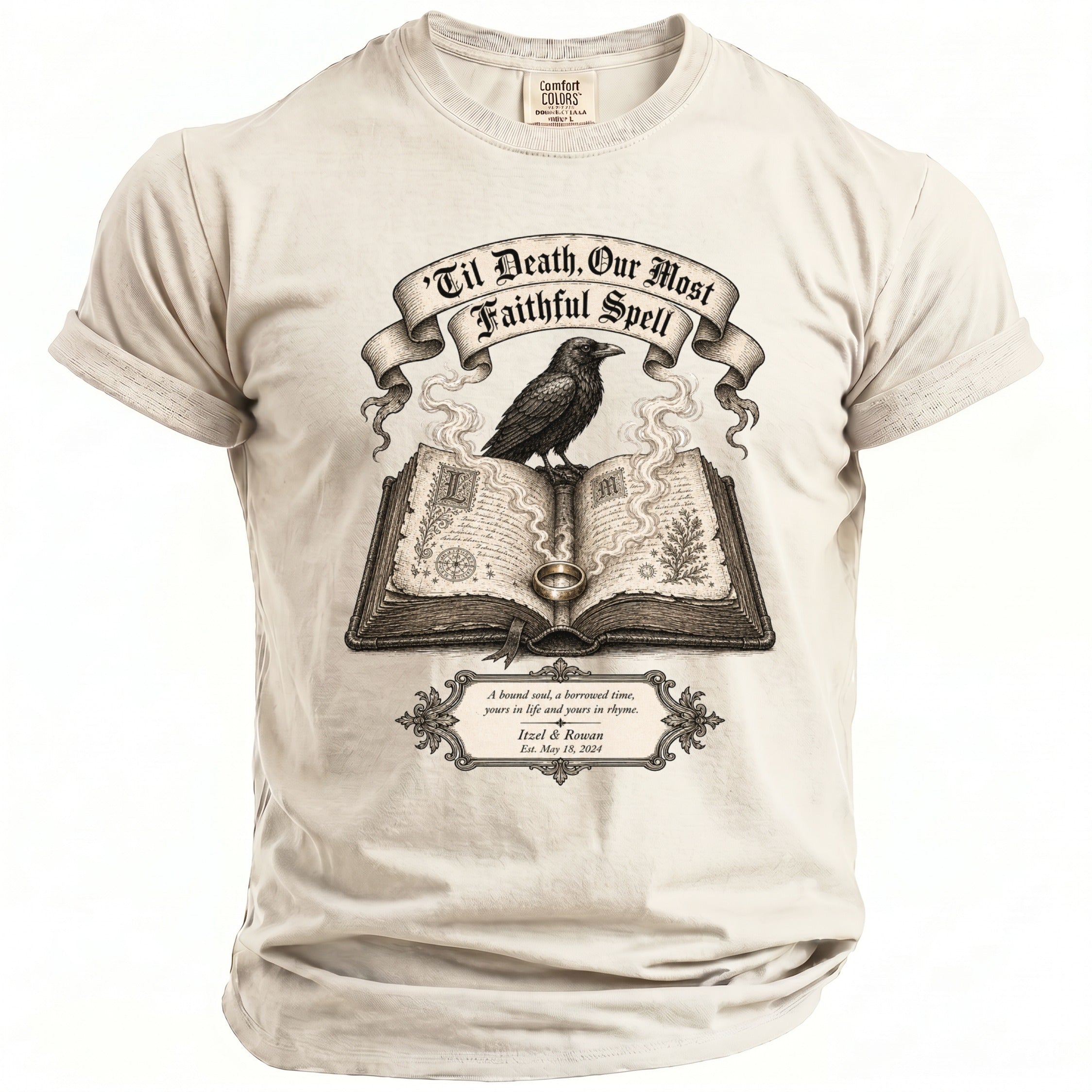T-shirt with raven on open book and text "'Til Death, Our Most Faithful Spell."