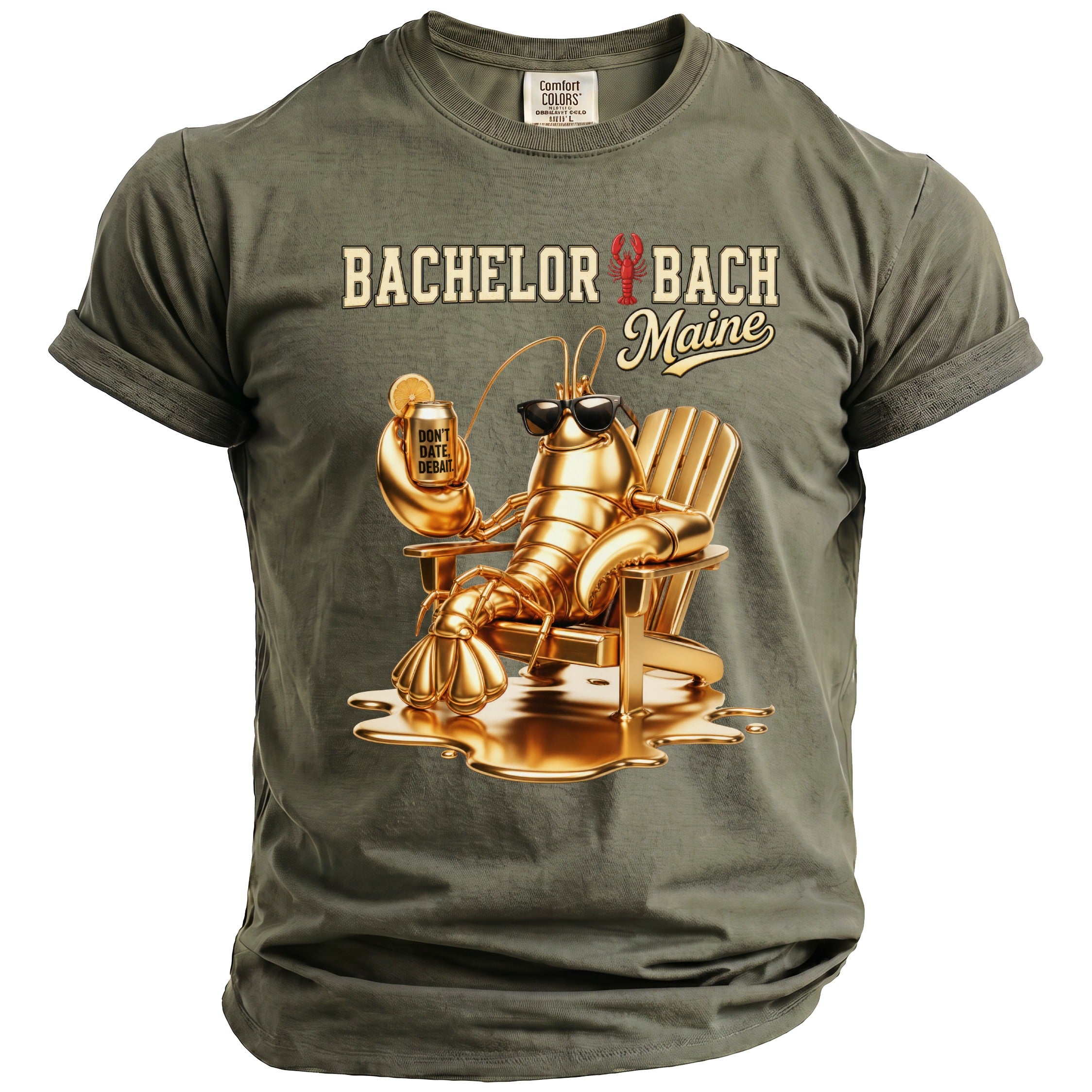 Olive green t-shirt with "Bachelor Bach Maine" text and a golden lobster in a chair.