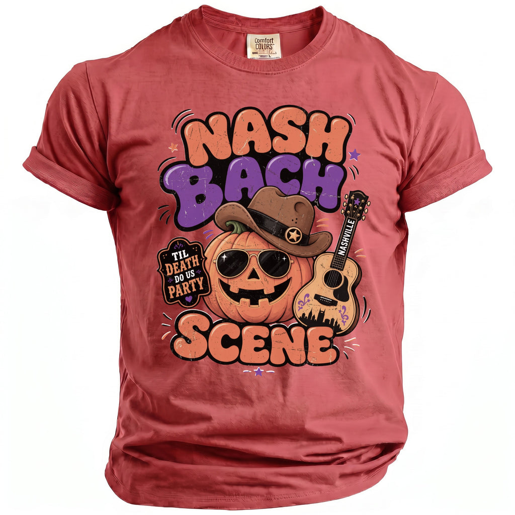 Comfort Colors shirt with Nash Bach graphic: grinning pumpkin, hat, guitar, and Nashville skyline.