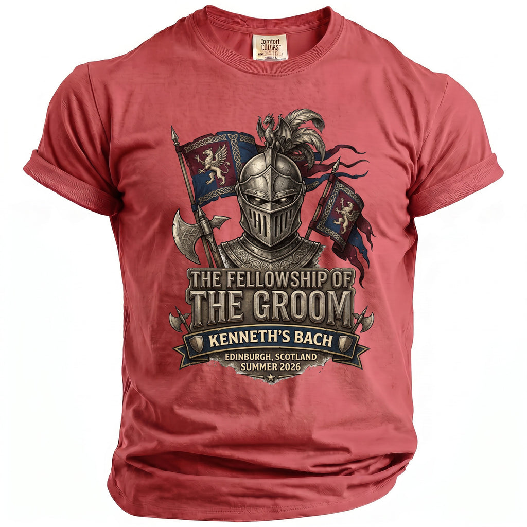 Red t-shirt with knight, flags, and text: The Fellowship of The Groom, Kenneth's Bach, Edinburgh, Scotland Summer 2026.
