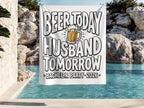 Banner with text "Beer today husband tomorrow bachelor party 2026" and a beer mug graphic.