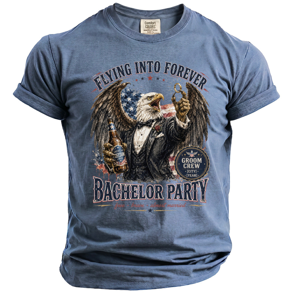 Eagle in suit holding beer and ring on Bachelor Party t-shirt.