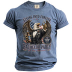Eagle in suit holding beer and ring on Bachelor Party t-shirt.