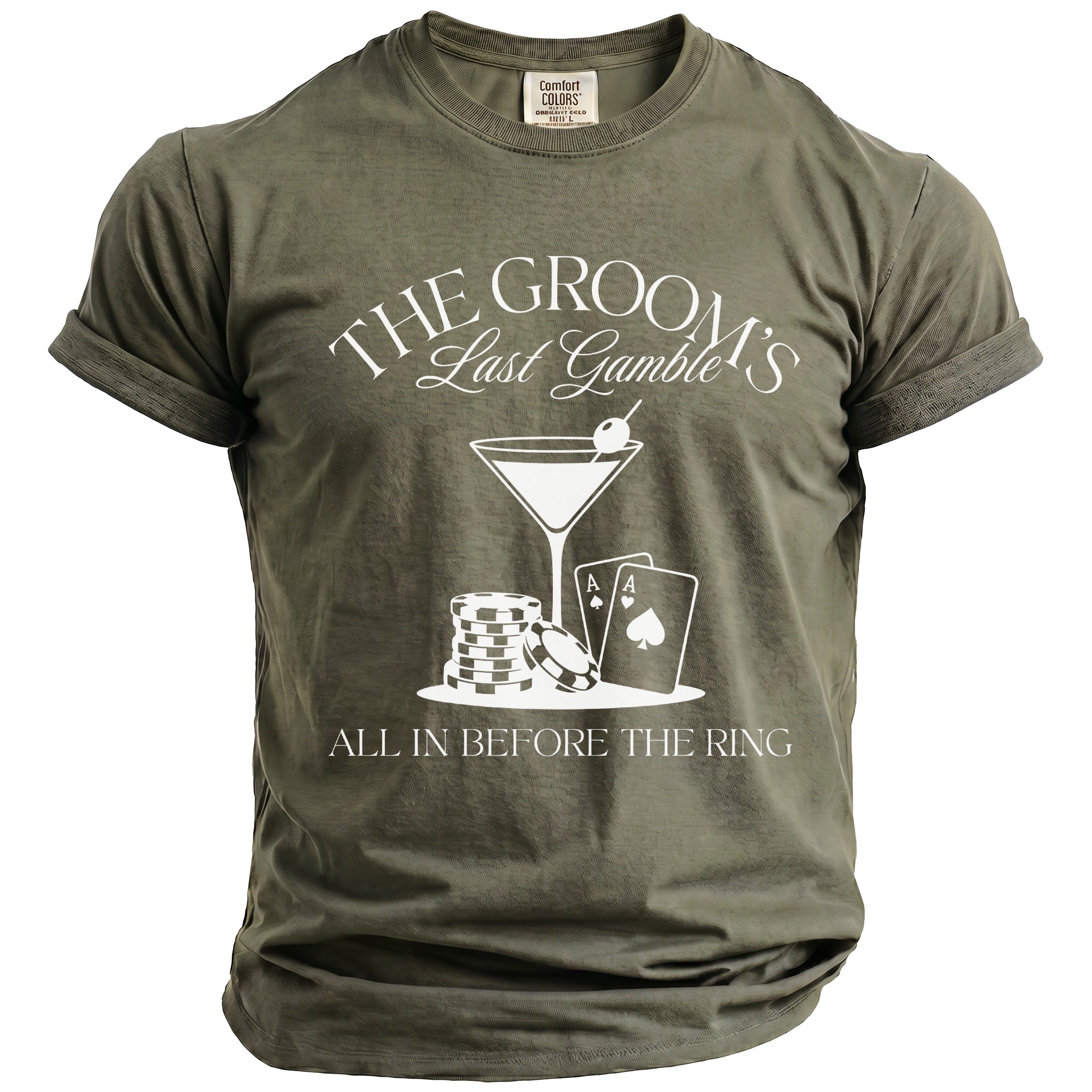 Green t-shirt with "The Groom's Last Gamble" and gambling graphics.