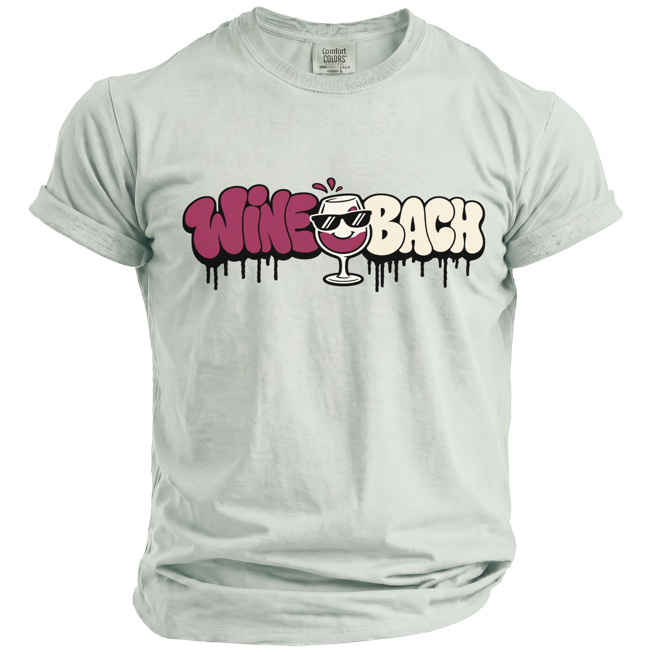 Light blue t-shirt with "Wine Bach" graffiti text and a sunglasses-wearing wine glass graphic.