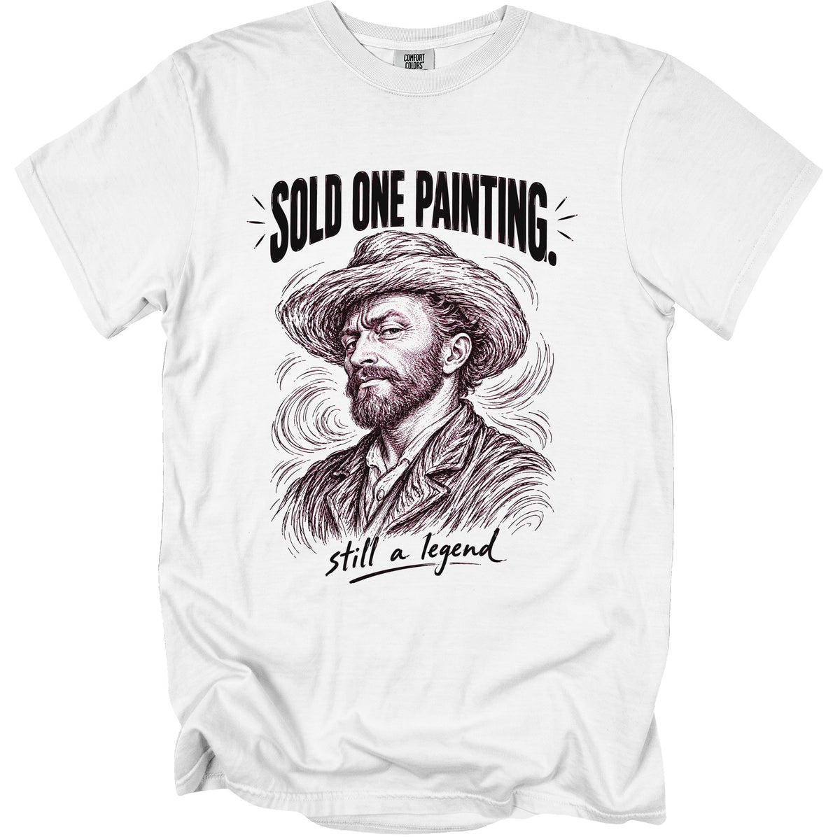 White t-shirt with a sketch of Vincent van Gogh and text "sold one painting. still a legend."