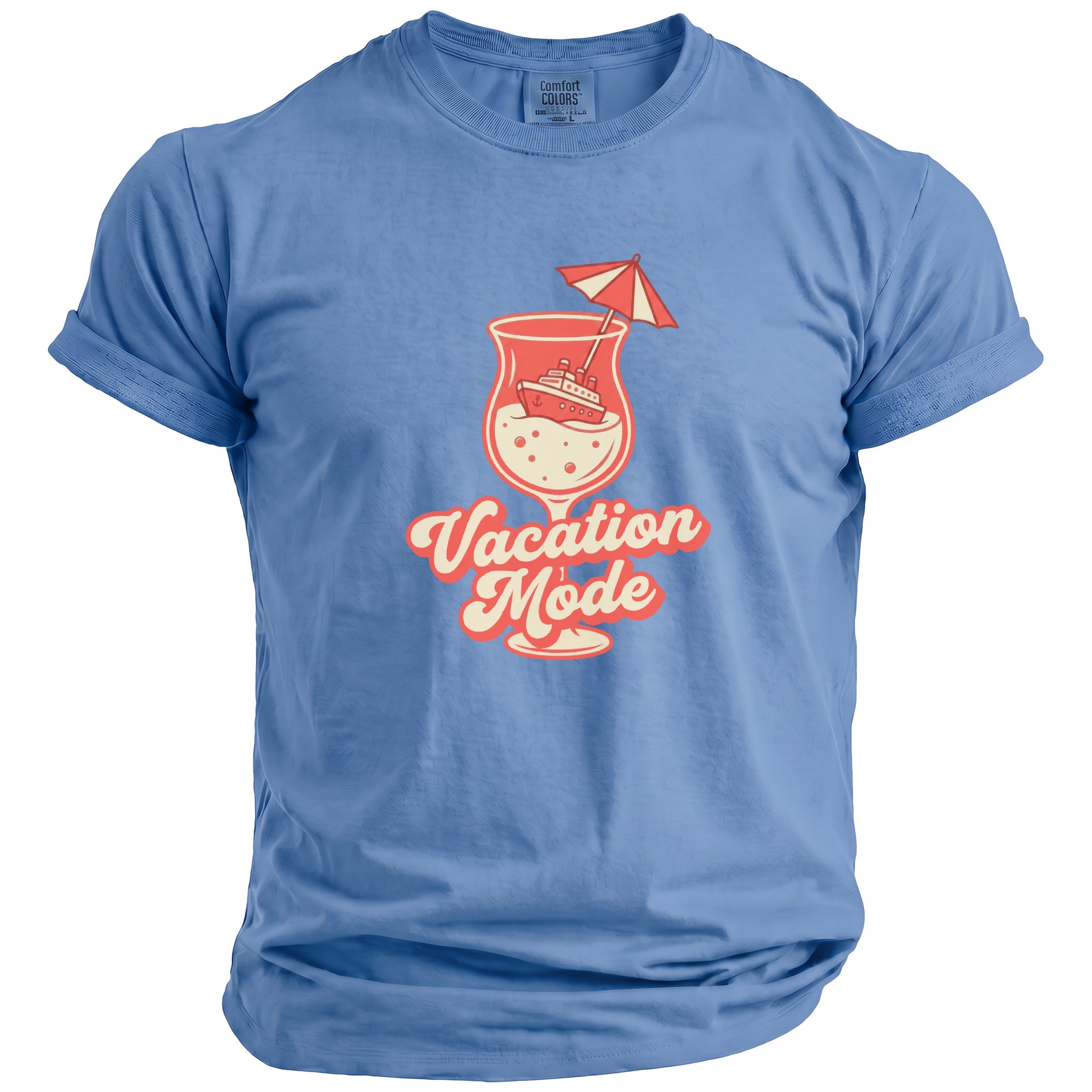 Blue t-shirt with cruise ship in a cocktail glass graphic and "Vacation Mode" text.