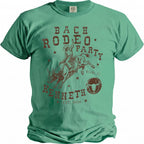 T-shirt with "Bach Rodeo Party Kenneth Est. 2026" text and bull rider graphic.