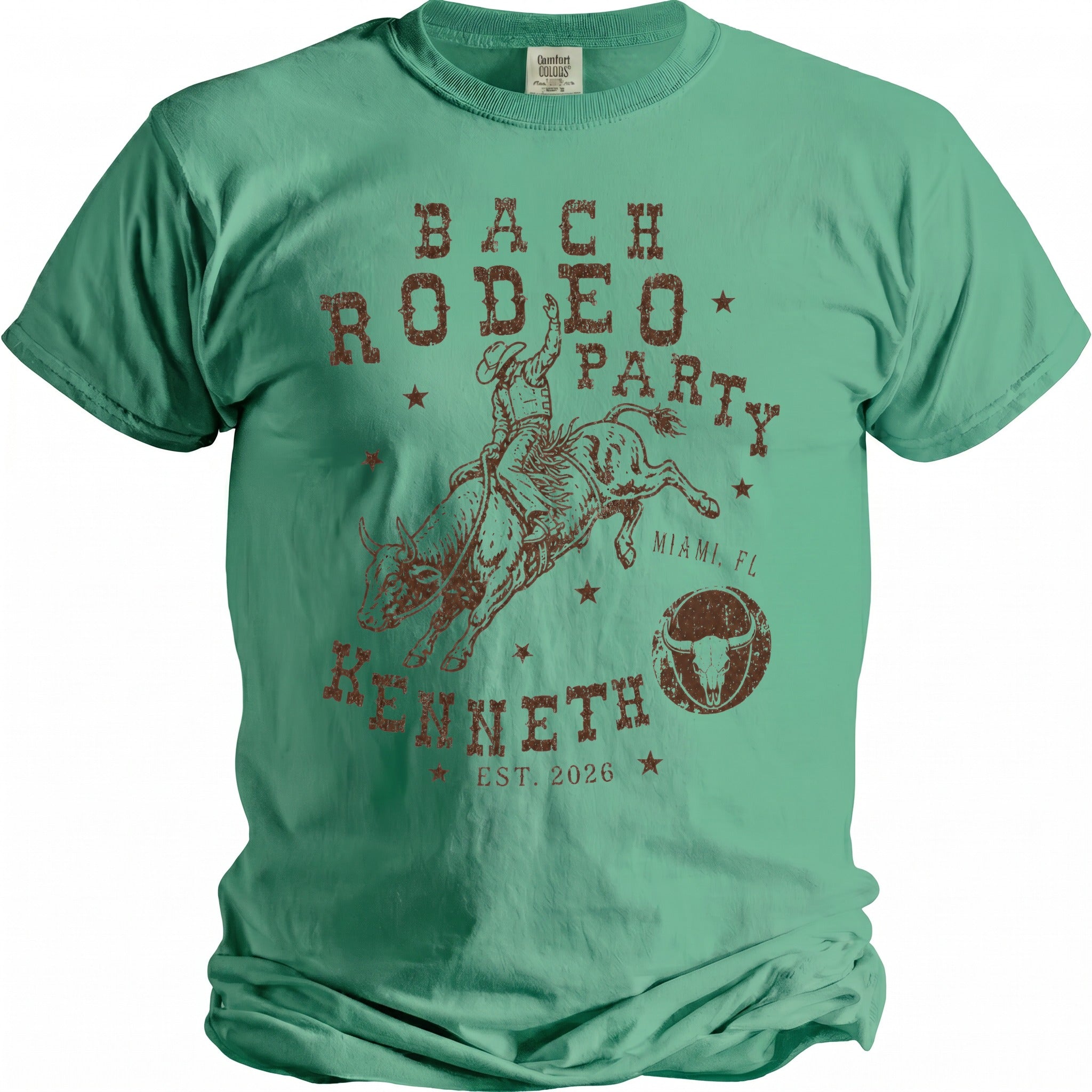 T-shirt with "Bach Rodeo Party Kenneth Est. 2026" text and bull rider graphic.