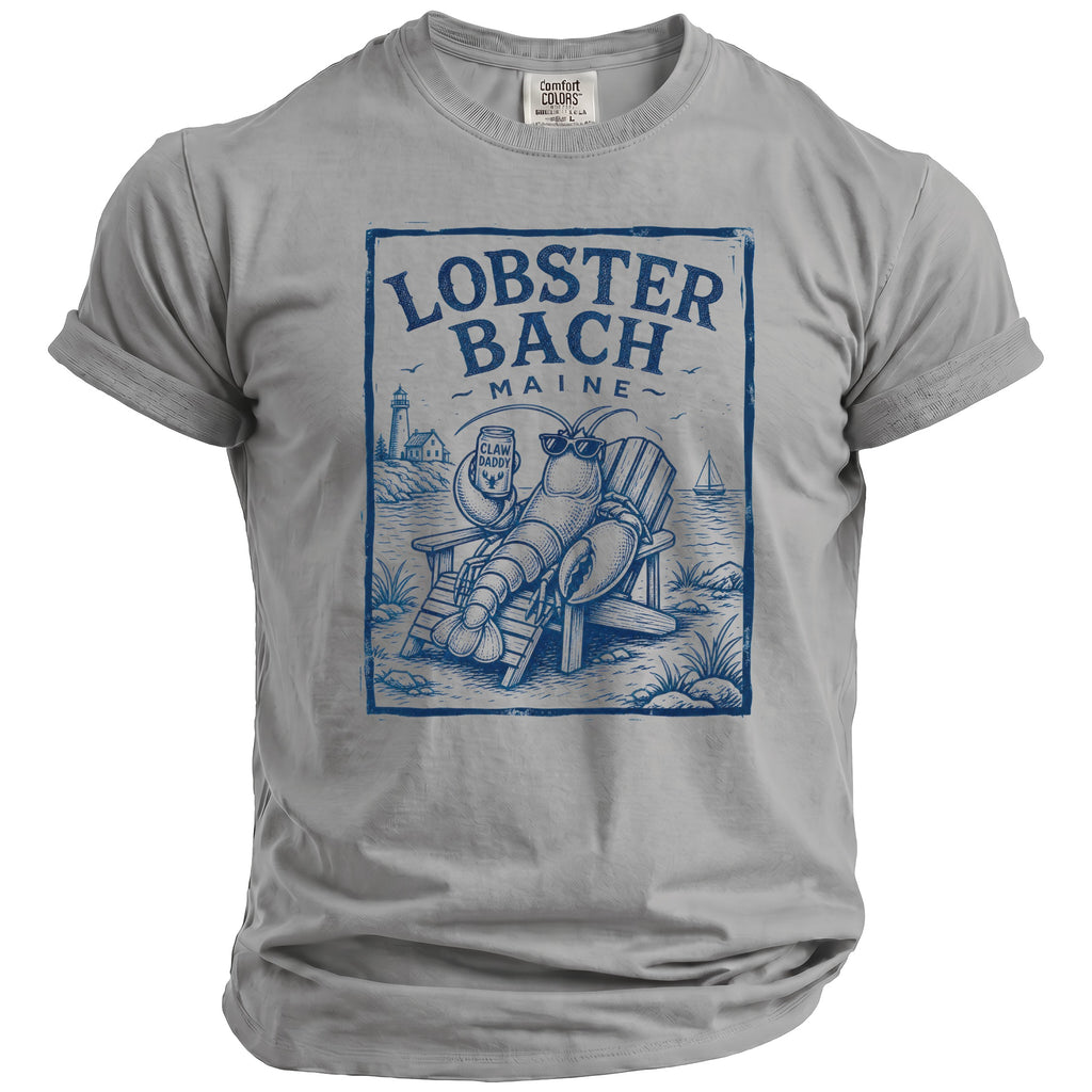 Grey t-shirt with blue graphic of lobster in Adirondack chair holding beer can, "Lobster Bach Maine" text.