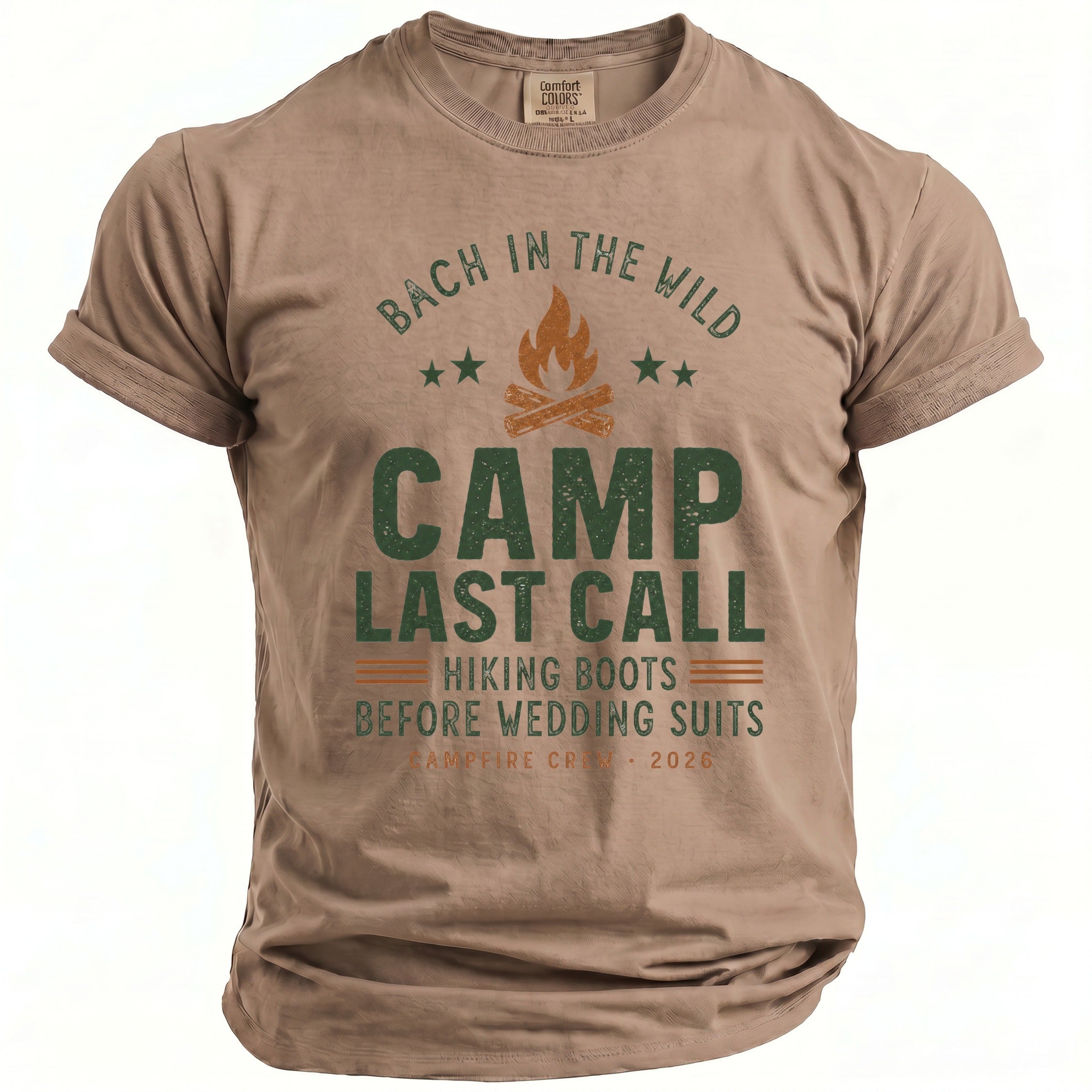 T-shirt with "Bach in the Wild Camp Last Call" text and campfire graphic.