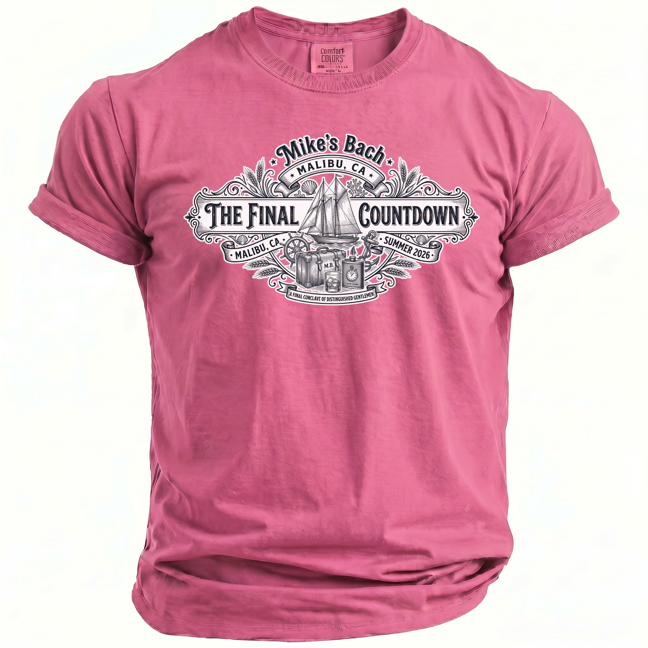 Pink Comfort Colors t-shirt with "Mike's Bach" and "The Final Countdown" graphic.
