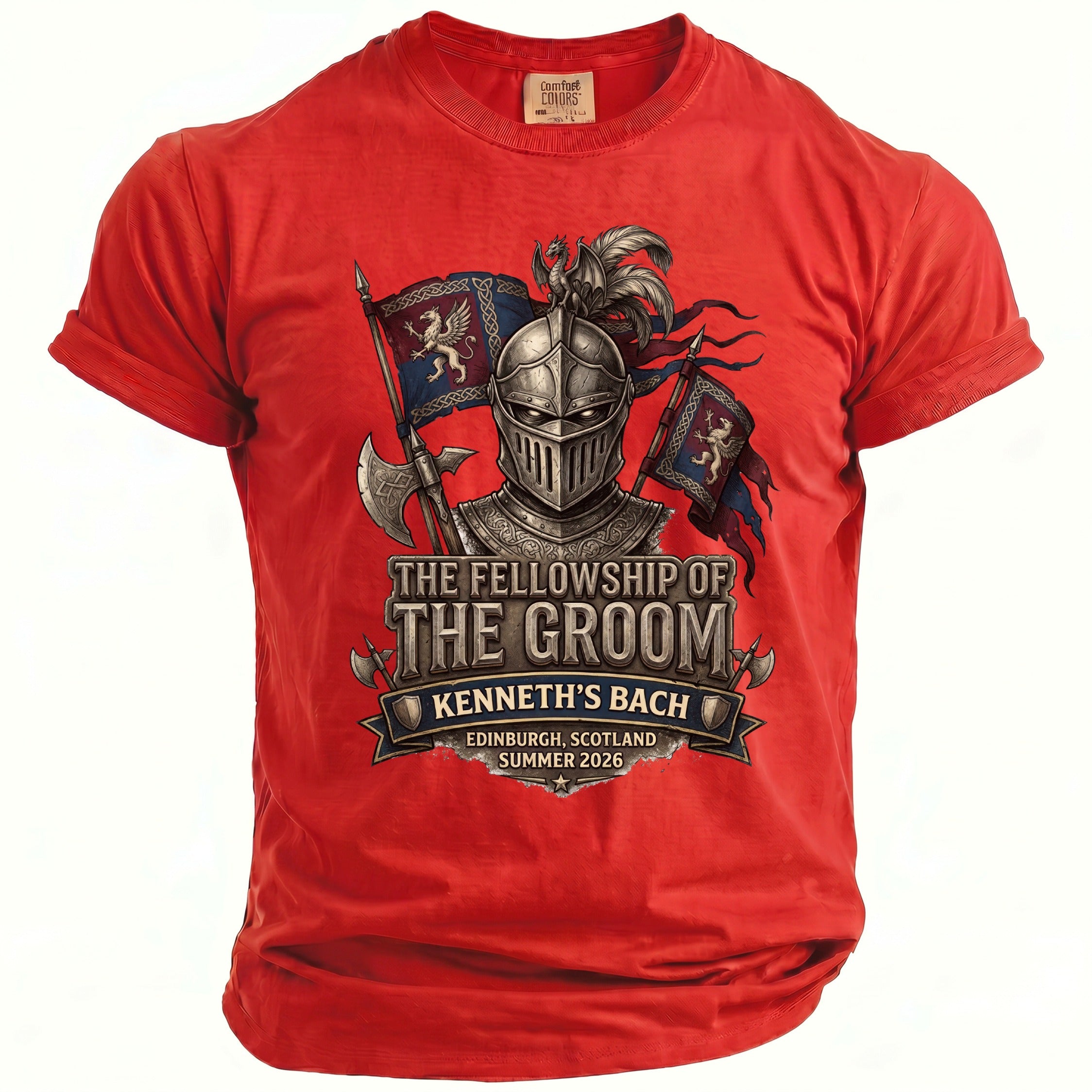 Red t-shirt with "The Fellowship of The Groom Kenneth's Bach" text and knight graphics.
