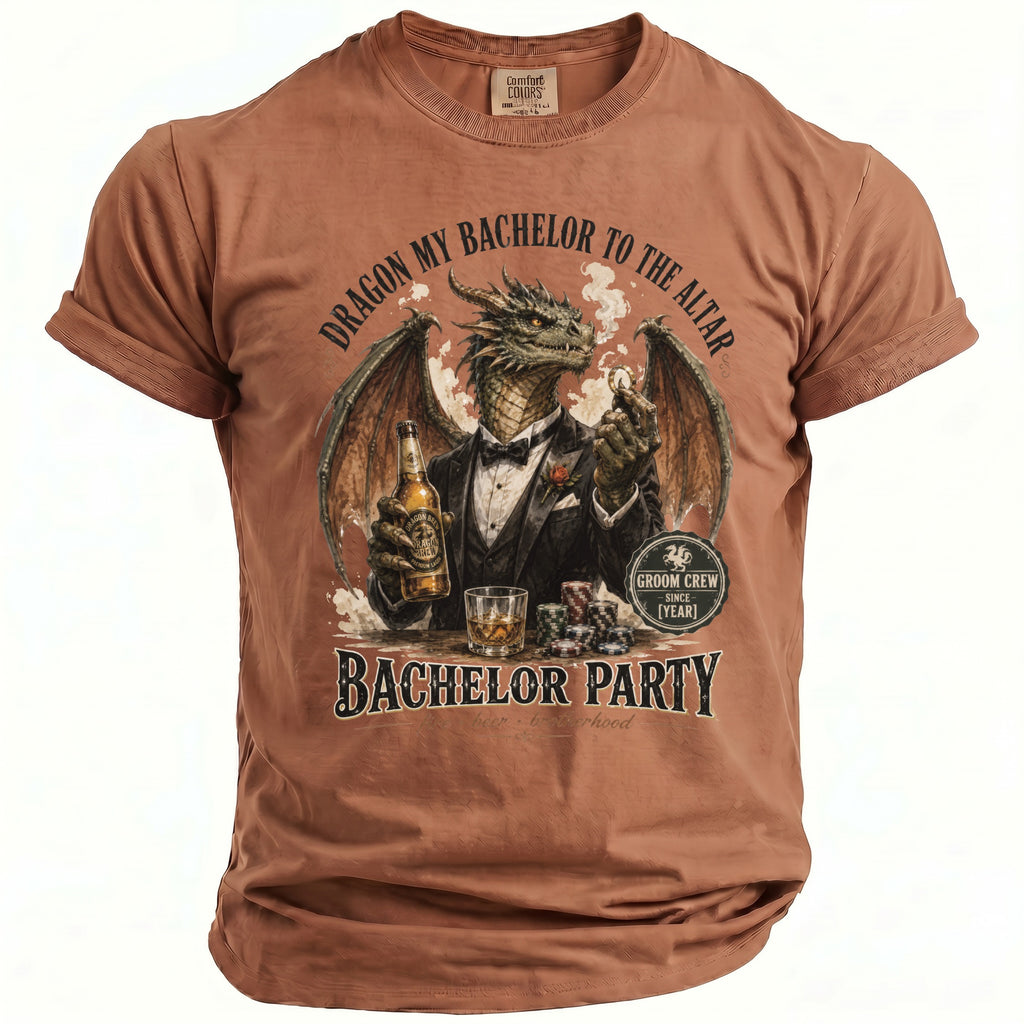 Brown t-shirt with a dragon in a tuxedo, holding beer and poker chips.