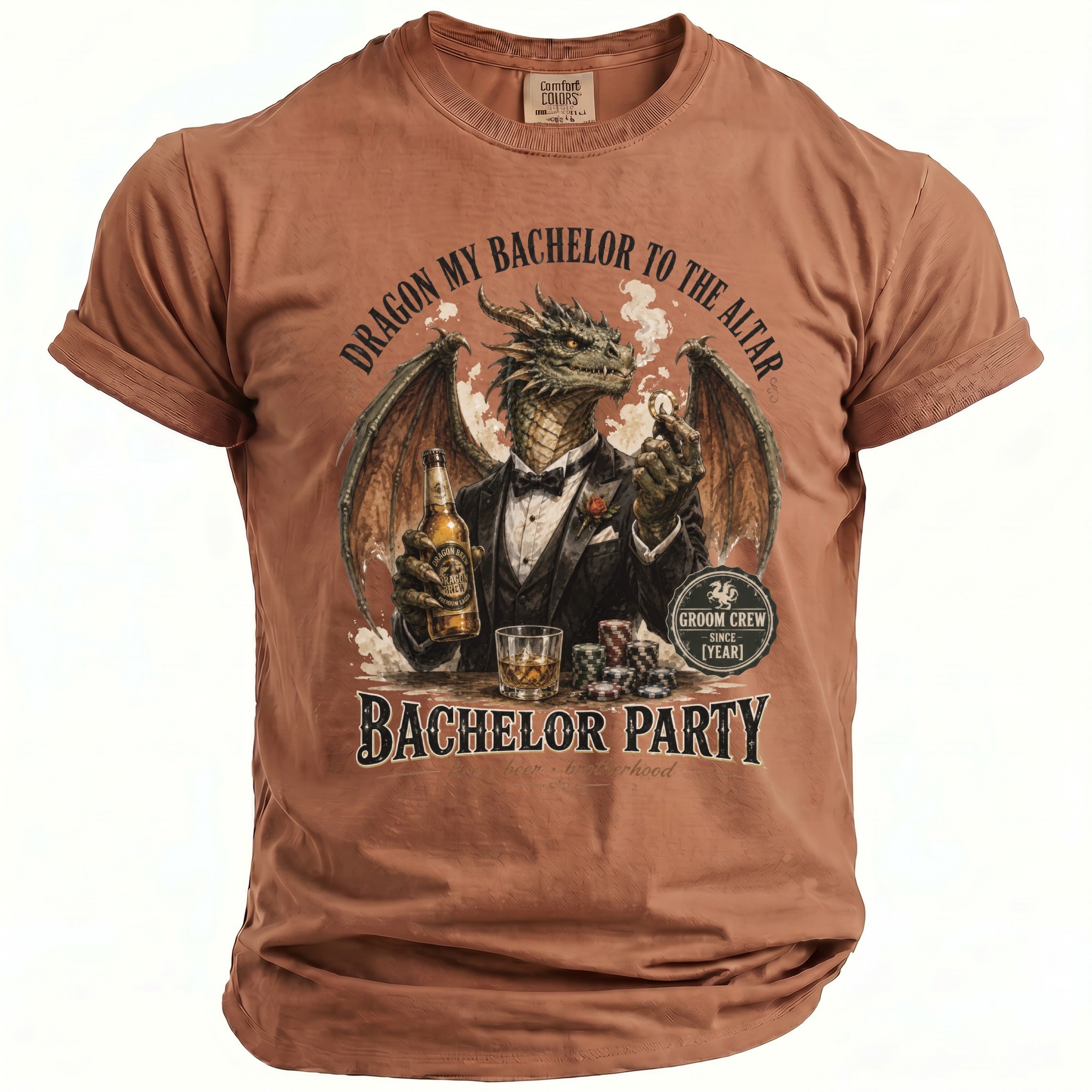 Brown t-shirt with a dragon in a tuxedo, holding beer and poker chips.