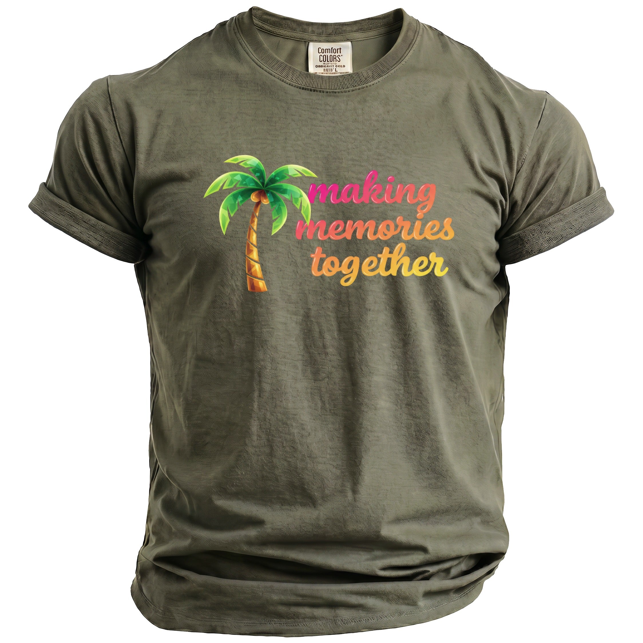 Olive green t-shirt with palm tree and "making memories together" text.